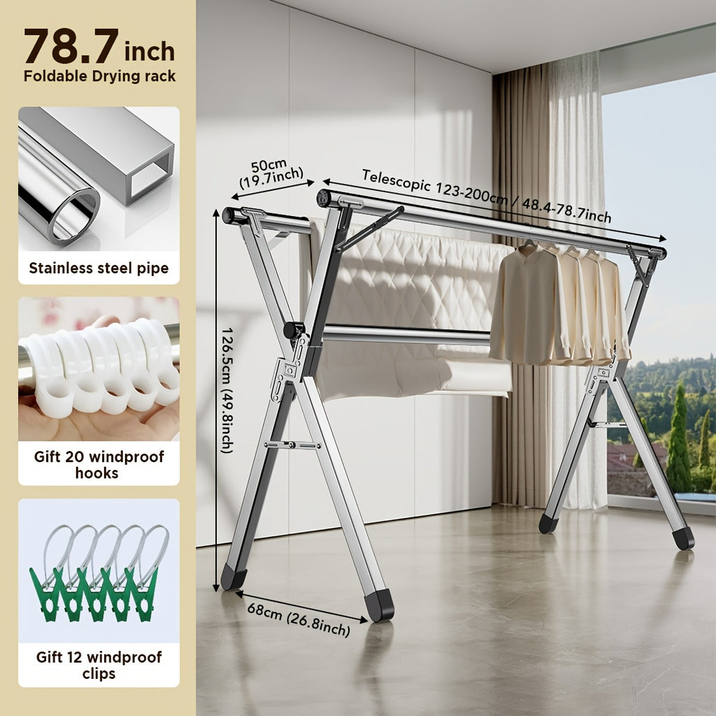 Tendedero plegable de 199.9 cm para interior y exterior - Tendederos de acero inoxidable plegables para ropa de lavandería - Tendedero plegable de alta resistencia, tendedero portátil de alta resistencia grande, plateado, soporte de lavandería independien