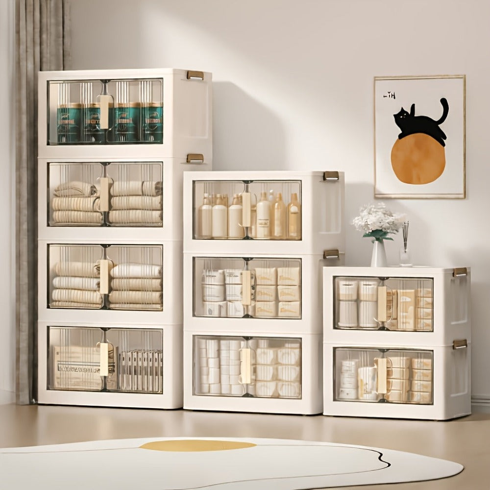 Armario de almacenamiento plegable extragrande de 74 cm con ruedas, puertas magnéticas y paneles transparentes, unidad organizadora de plástico apilable para dormitorio, sala de estar, oficina, despensa y documentos