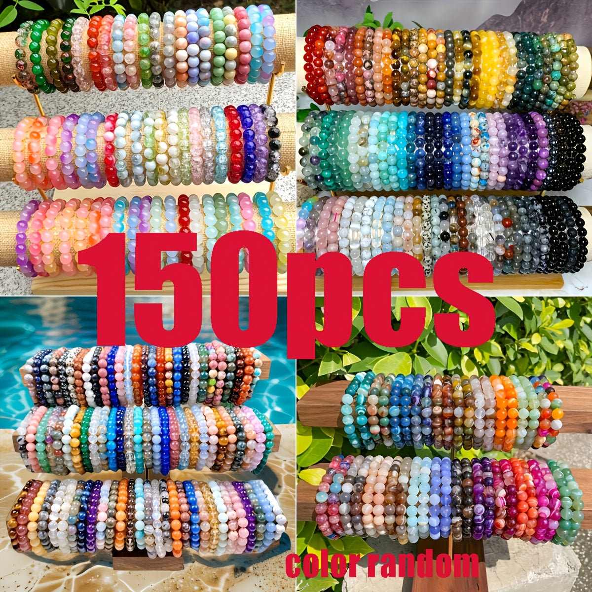 Juego de 150 pulseras bohemias de imitación de jade de colores aleatorios, pulseras elásticas de cuentas craqueladas de colores mixtos para uso diario, trayectos, fiestas y San Valentín