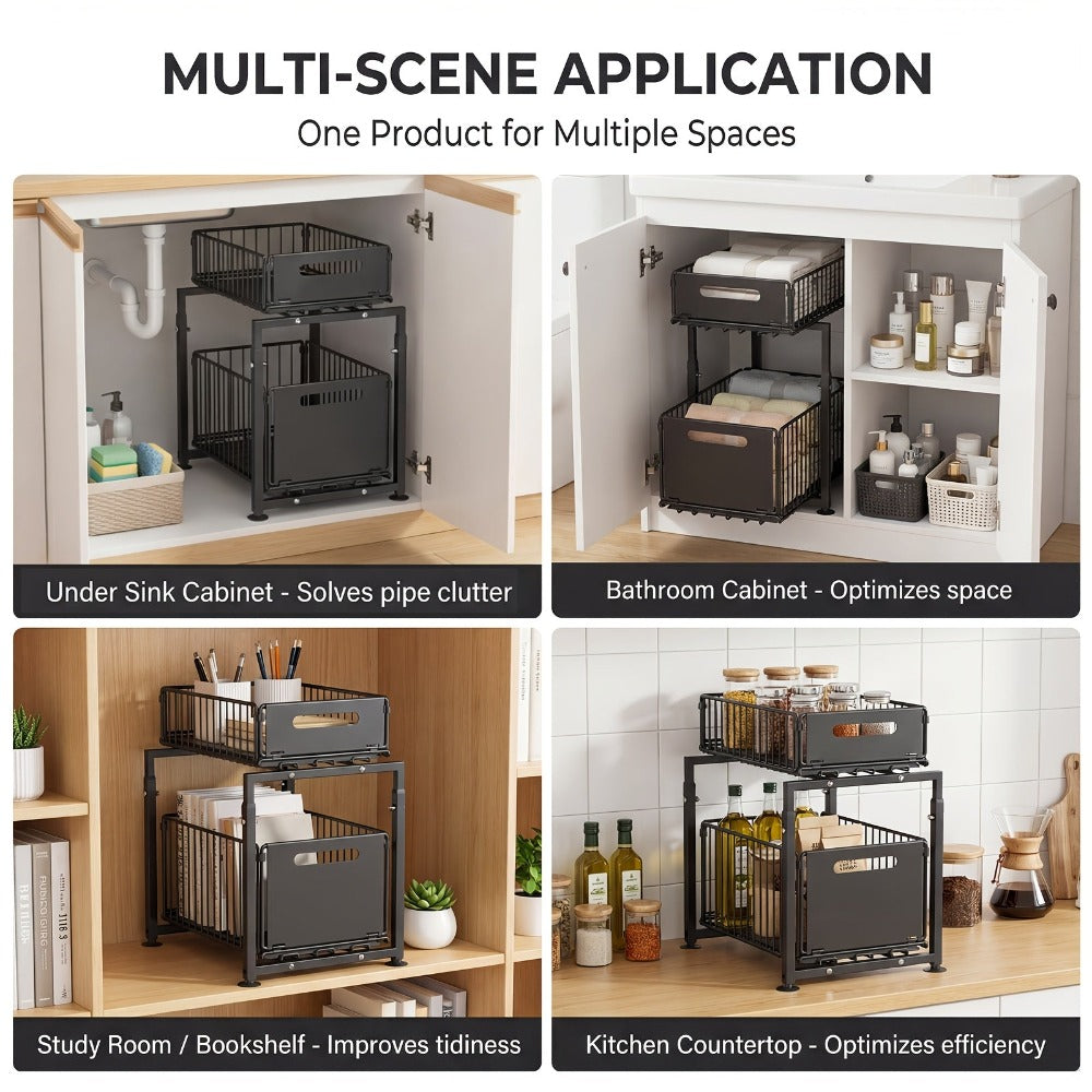Organizador de 2 niveles para debajo del fregadero, cajones extraíbles, acero al carbono, almacenamiento para cocina y baño, almacenamiento deslizante sin taladrar para cocina, altura ajustable, , gran capacidad de carga