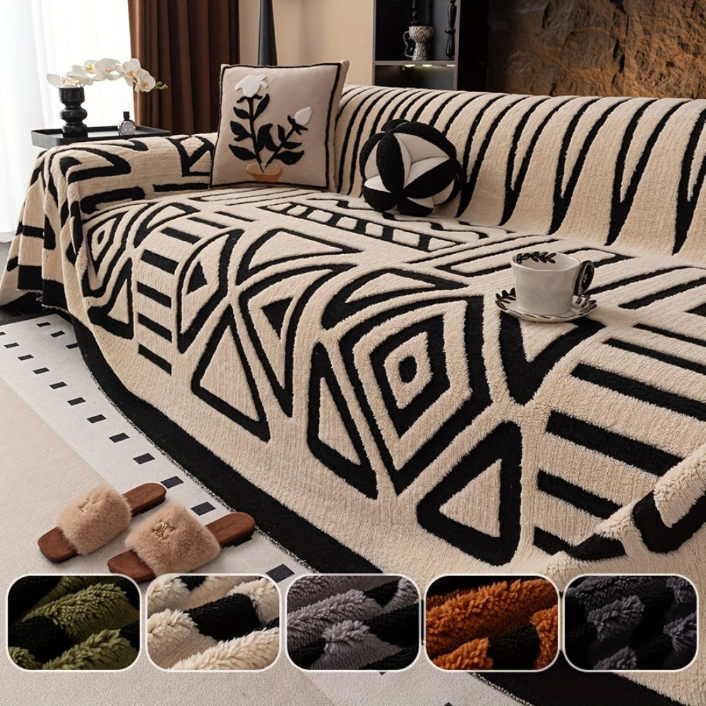 Funda de sofá de felpa geométrica moderna, 1 pieza - Protector de sofá para todas las estaciones, a prueba de polvo, apto para mascotas en blanco y /crema - Lavable a máquina, se adapta a sofás de uno a cuatro plazas para decoración de sala de estar y dor