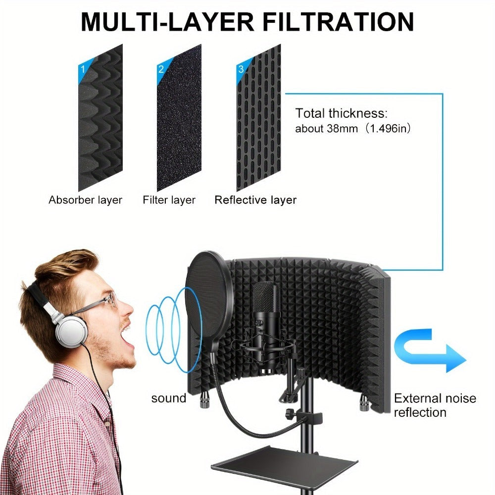 Aokeo Filtro Anti Pop, Escudo de Aislamiento para Micrófono de Estudio, Filtro Pop. Absorbe y Filtra el Sonido. Compatible con Blue Snowball y Cualquier Micrófono de Condensador (AO-505 con Soporte)