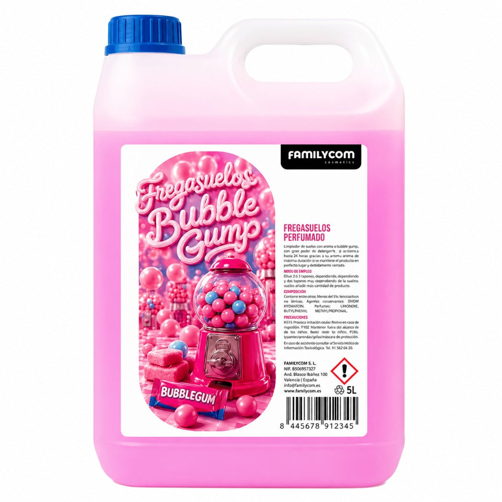 GrupoFamily Fregasuelos Concentrado - Friegasuelos Perfumado Duradero Aroma Chicle Bubble Gump - Limpieza, Brillo e Higiene - Limpiasuelos pH Neutro Todo Tipo de Suelos, Superficies Delicadas - 5 Litros