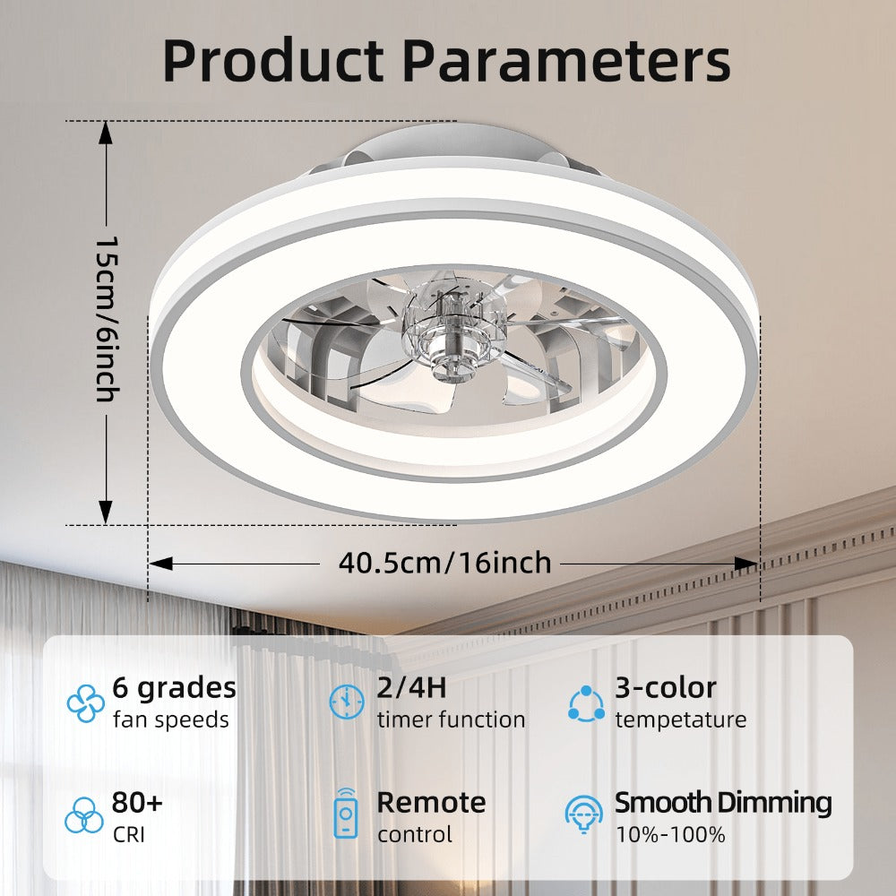Ventilador de techo con luz de 41.5 cm, ventiladores de techo silenciosos de 25 W, regulable 3000K-6500K-RGB, 6 velocidades de viento con control remoto, temporizador, memoria de luz, ventilador reversible