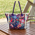 MEJORADA Bolso de Playa Grande con Estampado Colorido y Flecos, Estilo Tote con Forro Interior, Tamaño 55x35x20 cm - Ideal para Playa, Piscina y Viajes