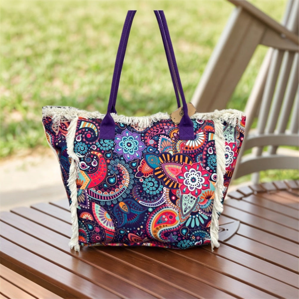 MEJORADA Bolso de Playa Grande con Estampado Colorido y Flecos, Estilo Tote con Forro Interior, Tamaño 55x35x20 cm - Ideal para Playa, Piscina y Viajes