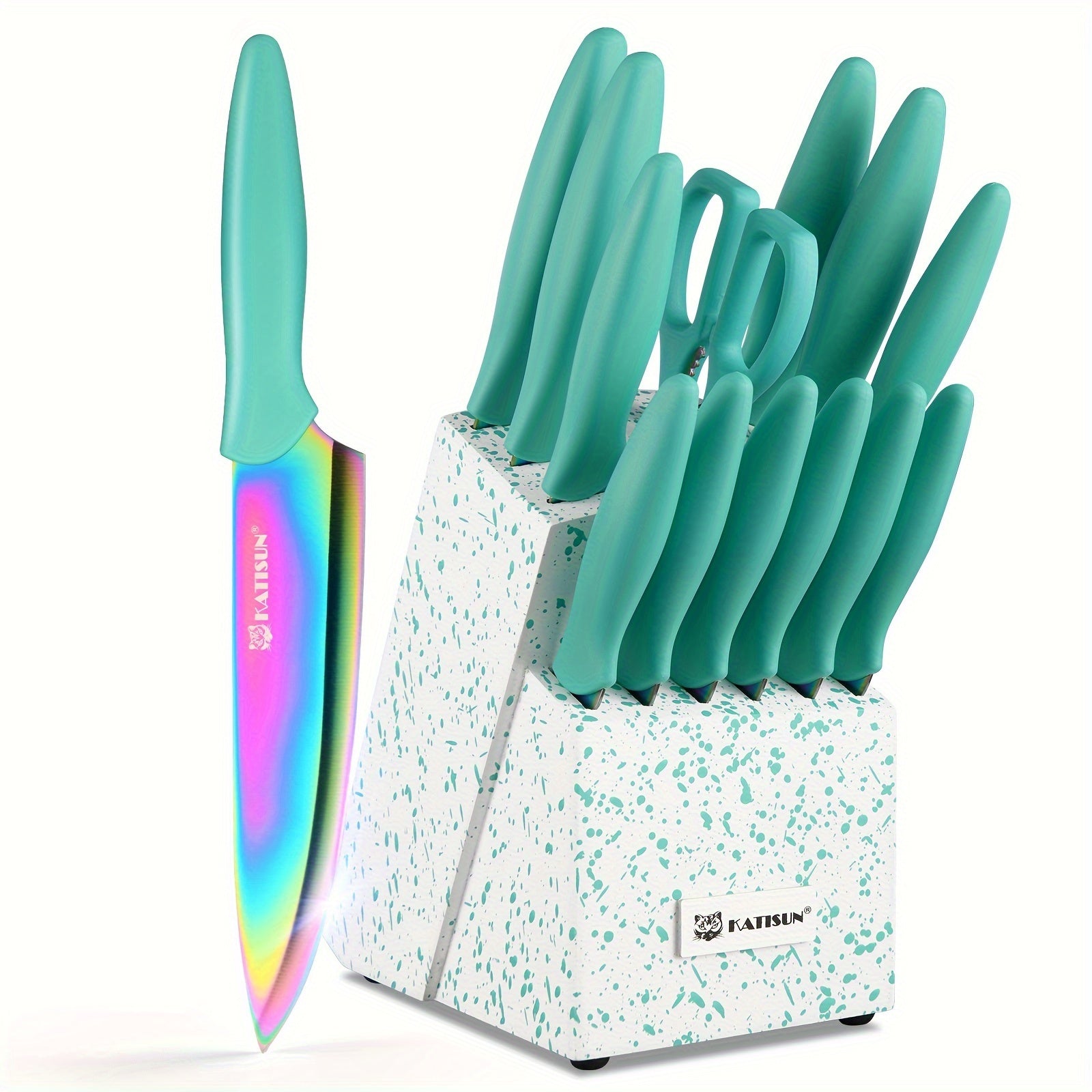 Juego de cuchillos de cocina de acero inoxidable con revestimiento antiadherente, juego de 15 cuchillos de cocina profesionales con bloque de madera negra, mango de ABS antideslizante para cuchillos de chef, tabla de cortar de plástico y tijeras de cocina