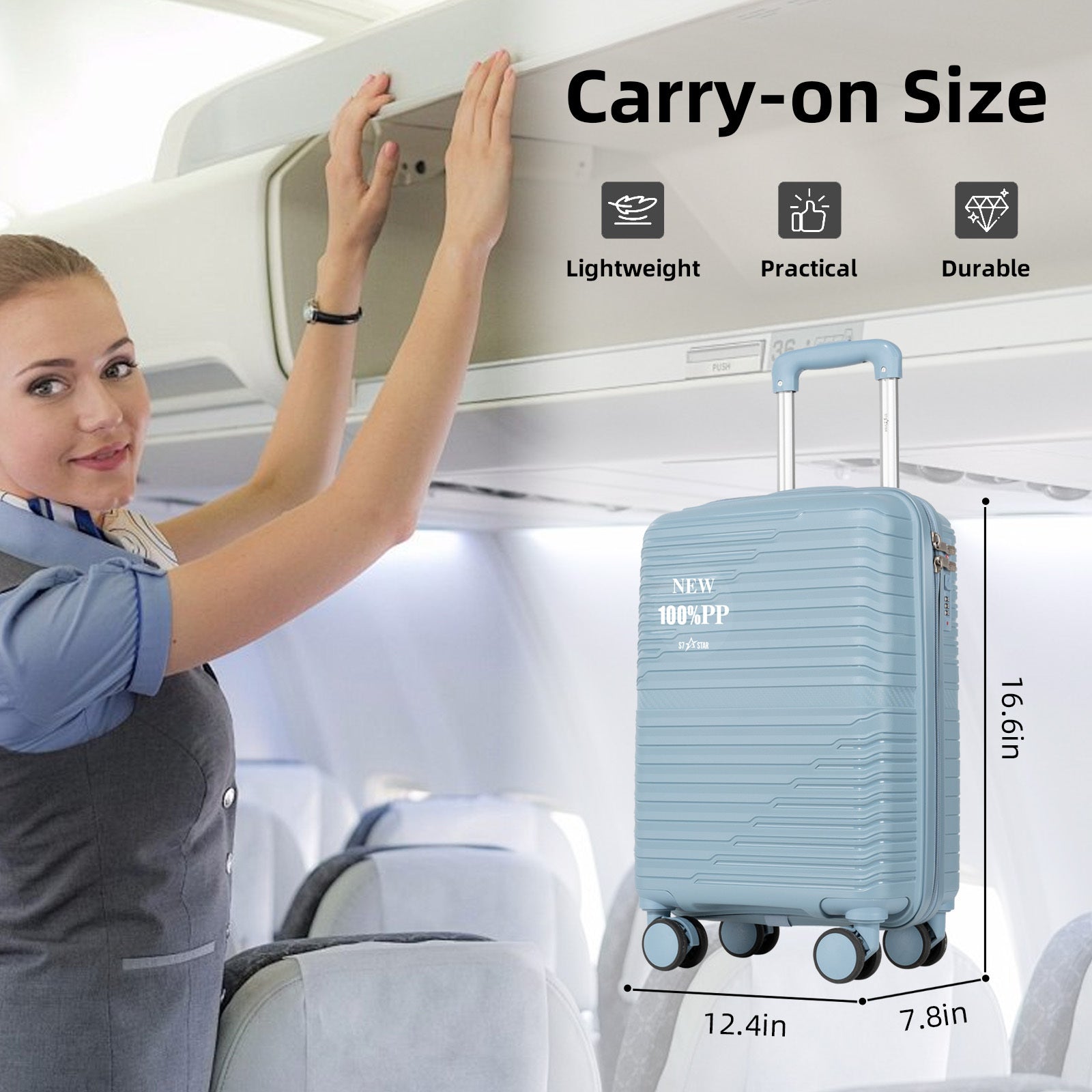 Maleta de Cabina PP de 18 Pulgadas con TSA, Ruedas Giratorias 360° y Mango Elástico - Resistente a la Presión para Viajes, 6 Colores (///) - Apto para Avión