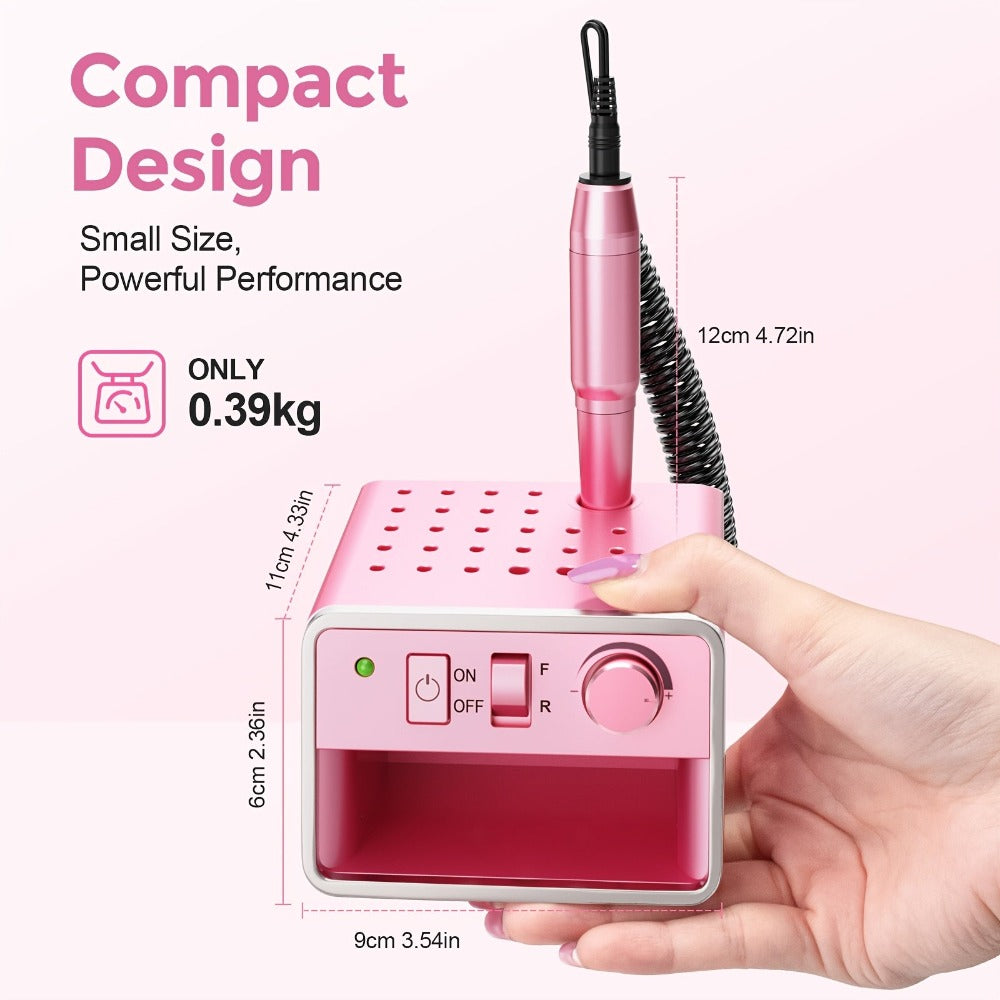 Kit Portátil de Lima Eléctrica para Uñas con 20,000 RPM, Múltiples Brocas y Tiras Pulidoras Para Remover Acrílico o Gel en Salón u Hogar - Rosa