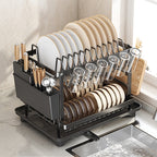 Escurridor de Platos de 2 Niveles con Bandeja de Drenaje - Escurridor de Platos Giratorio Ajustable, Soporte para Utensilios y Tazas, Organizador de Encimera de Cocina que Ahorra Espacio para un Secado Eficiente