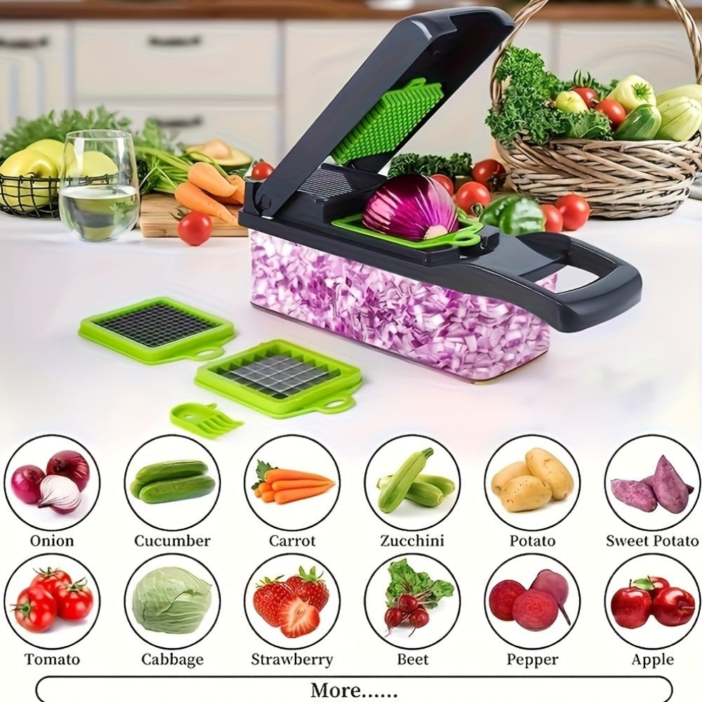 Romeoo Cortador y Picador de Verduras Multiusos 16 en 1 - Procesador de Alimentos Manual con Contenedor, Cesta de Drenaje y Protector de Manos - No Requiere Electricidad, Verde y Negro, Picador de Verduras 16 en 1 para Patatas, Cebollas, Zanahorias, Ajo -
