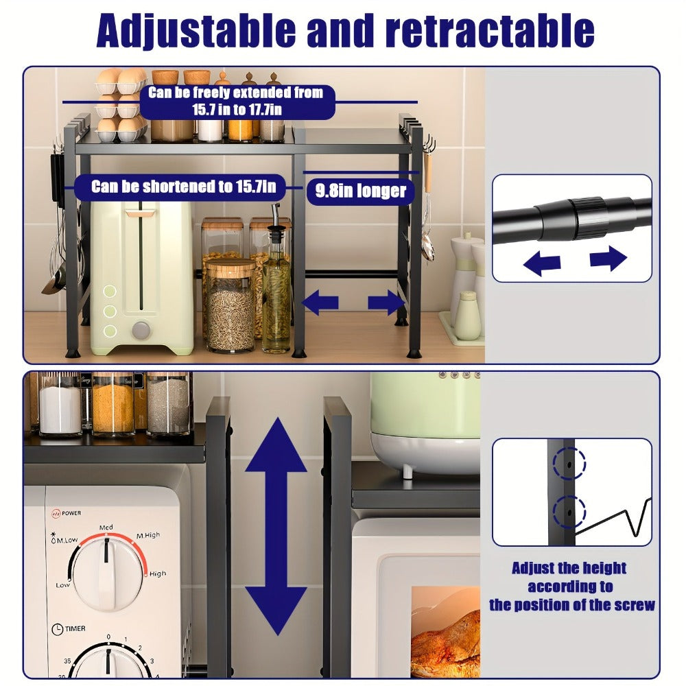 Estantería Negra Extensible para Cocina - Estante Ajustable de 2 Niveles con 6 Ganchos, Organizador Metálico para Encimera y Utensilios, Ahorra Espacio, 40-65cm, Fácil Montaje, Sin Madera, Diseño Moderno, Soporte para Utensilios, Estilo Metálico Elegante