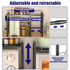 Estantería Negra Extensible para Cocina - Estante Ajustable de 2 Niveles con 6 Ganchos, Organizador Metálico para Encimera y Utensilios, Ahorra Espacio, 40-65cm, Fácil Montaje, Sin Madera, Diseño Moderno, Soporte para Utensilios, Estilo Metálico Elegante