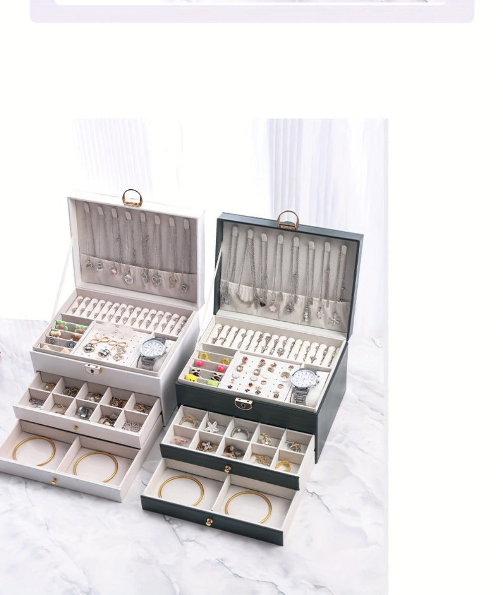 Joyero de tres capas de terciopelo y piel sintética, compacto y portátil para guardar aretes, anillos, collares y otros suministros para hacer joyas