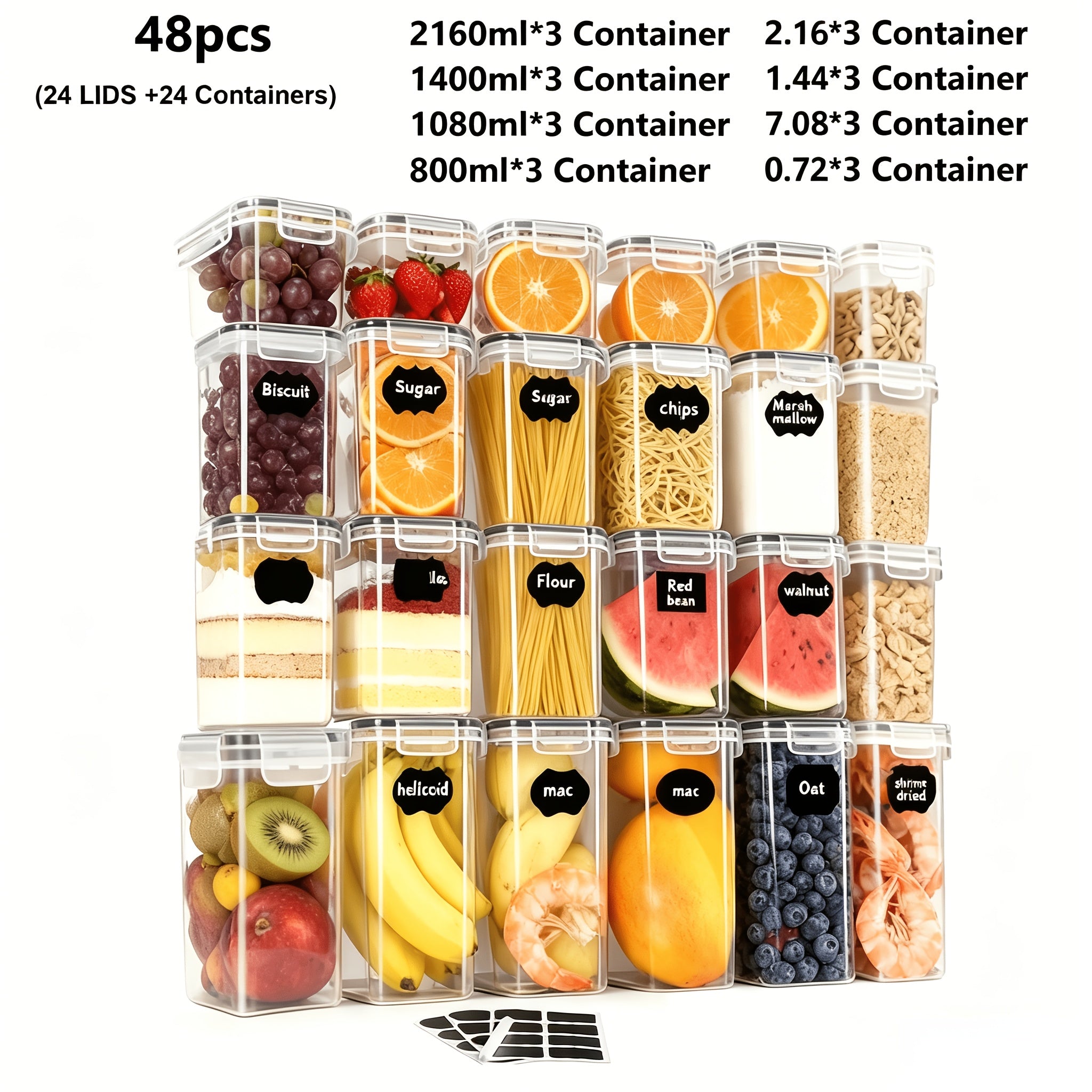 Contenedores Sellados para Alimentos 48/20 piezas, Organizador y Almacenamiento de Gabinetes de Cocina de Múltiples Tamaños, Latas de Plástico Sanas para Granos, Harina, Azúcar, Pasta, Incluyendo Etiquetas y Marcaciones (24/10 Tapas y 24/10 Frascos)