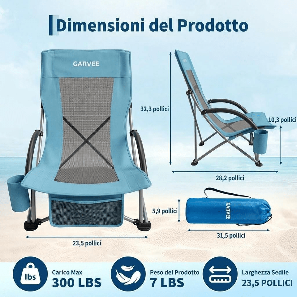 Silla de Playa Elevada, Sillas de Playa Plegables Portátiles, Ligera con Portavasos, Bolsillo de Almacenamiento y Bolsa de Transporte, Perfil para Camping, Playa, Viajes