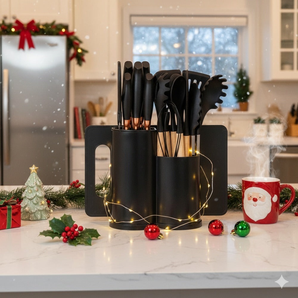 Juego de 19 piezas de cuchillos de cocina modernos y utensilios de cocina - Colección de hojas profesionales con mangos ergonómicos - Accesorios de cocina de alta calidad con soporte de almacenamiento - Herramientas de corte de espiga completa y esenciale