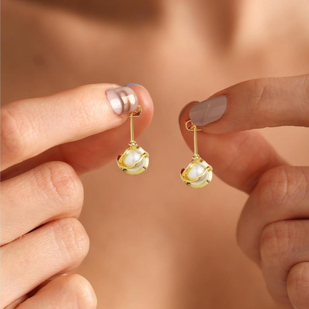 Pendientes de perlas bañados en oro de 14K, hipoalergénicos, de perla de agua dulce, colgantes, de espiga, de aro, con perla blanca colgante, regalo de joyería para mujeres y damas