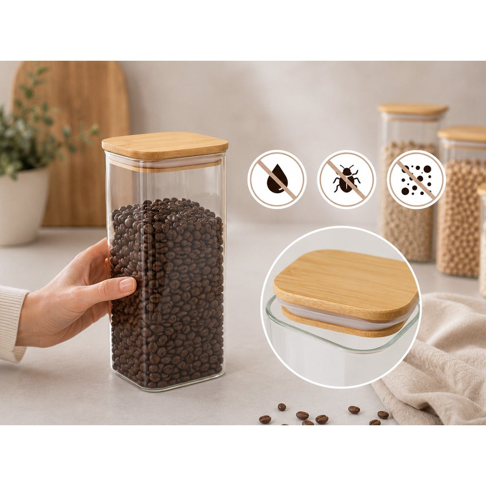 Set de recipientes grandes de vidrio para almacenamiento de alimentos, 4pza.s, 1000Ml | Tarros de cocina altos con tapa de bambú natural y sello de silicona | Contenedores de organización de cocina y despensa para productos secos, espagueti, arroz y cerea