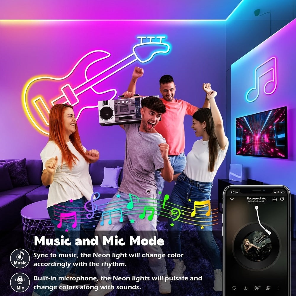 Tira de LED Neon RGB Inteligente Mejorada de Mexllex con Control por App/Control Remoto, Varios Modos, Funciones de Temporizador y Sincronización de Música para Gaming y Decoración de Habitaciones