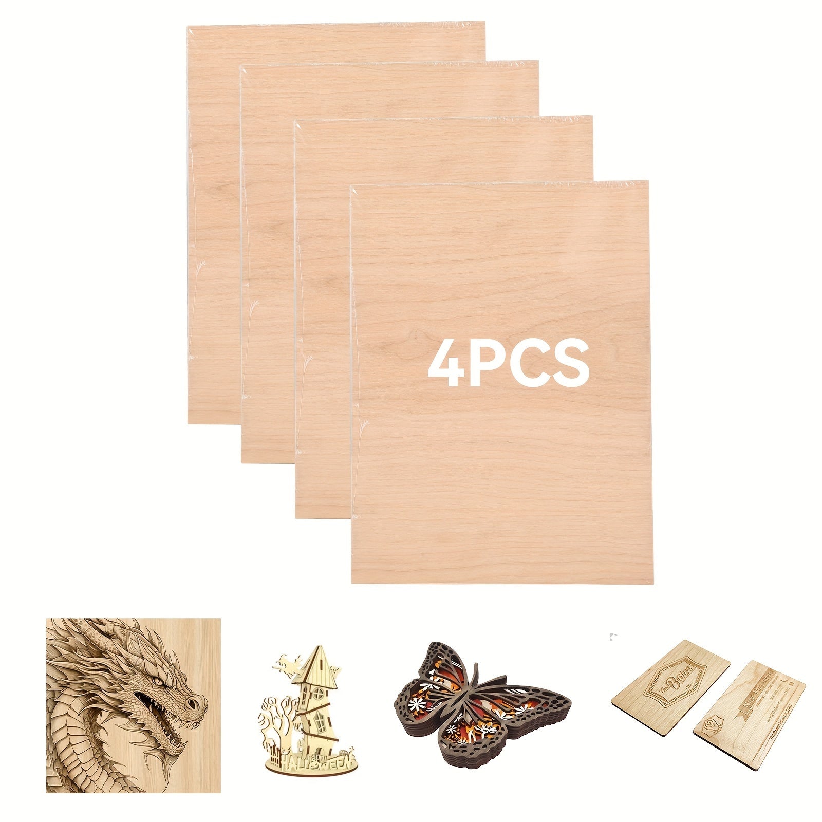 4 Paquetes de Láminas de Contrachapado de Madera Natural Cortadas con Láser - Compatibles Pre-Probadas para Corte CNC, Pintura y Manualidades DIY con Cara de Grano Natural, Tamaño A4 (29.97cm x 21.49cm) Tablero de Manualidades Cortado con Láser Adecuado p