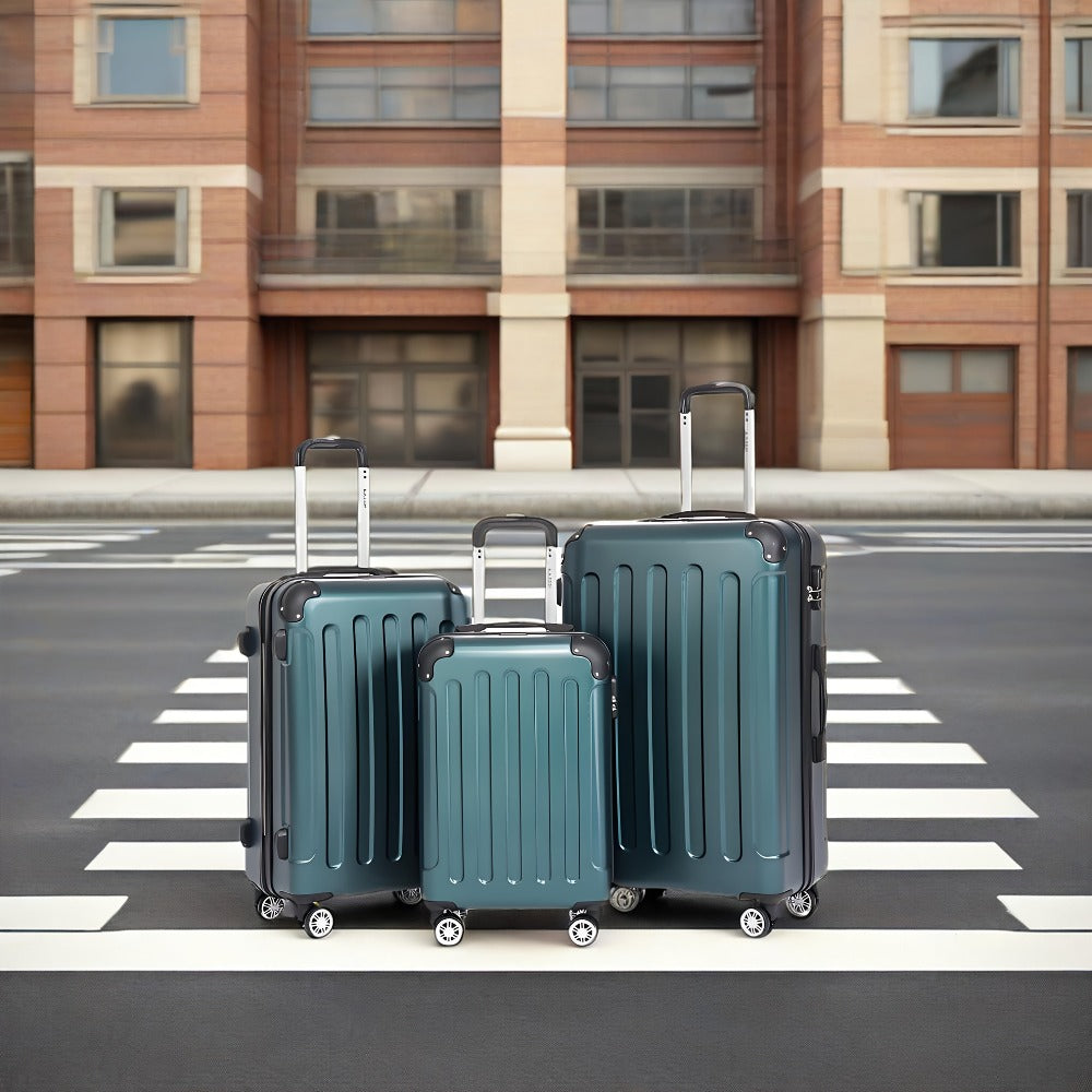 Un conjunto de tres maletas, incluyendo una maleta de mano de 20 pulgadas para viajes, con cerradura de contraseña y ruedas giratorias de 360 grados, que consta de tamaños mediano, grande y extra-grande