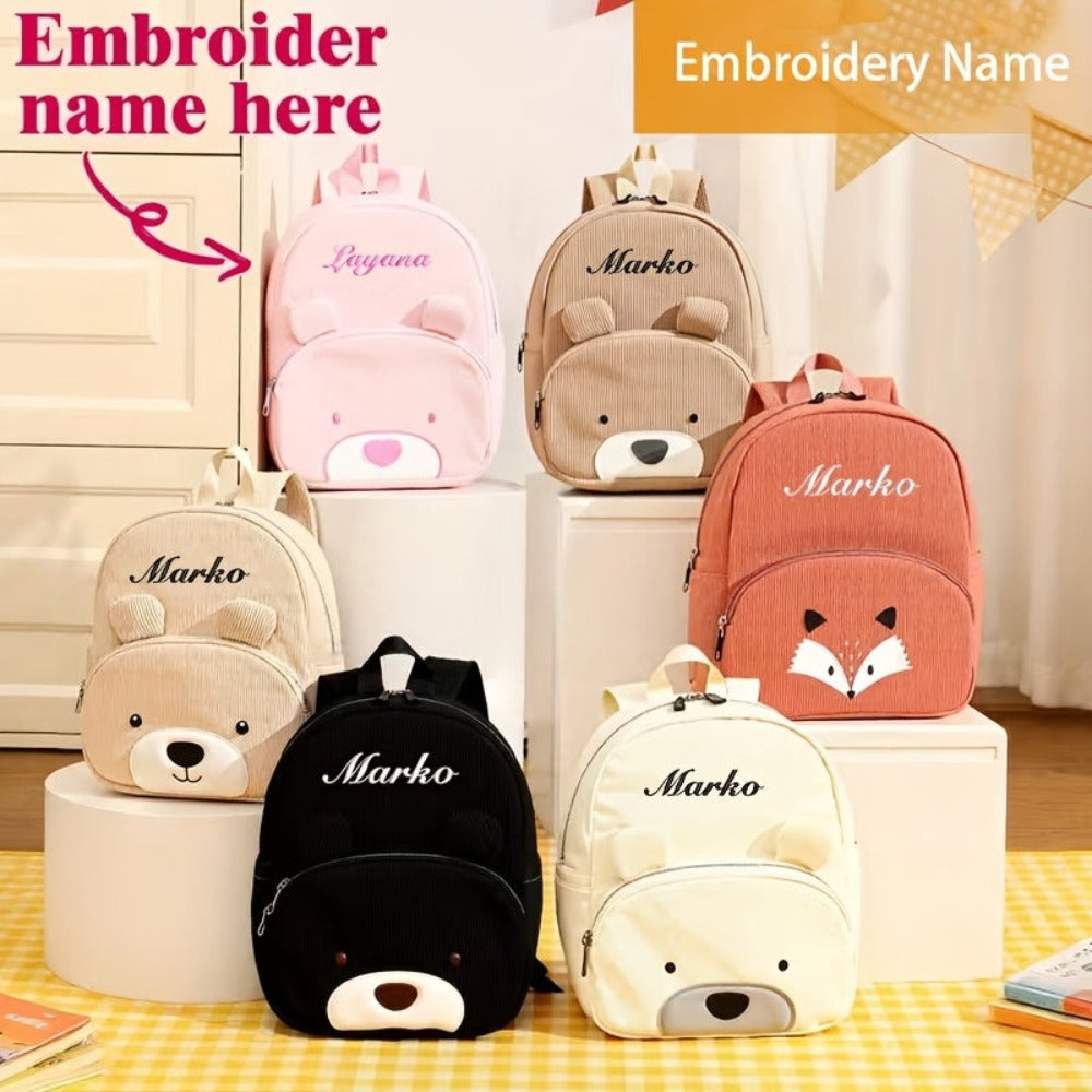 Mochila de Pana con Bordado de Oso Personalizado - Bolso de Hombro Ajustable para Mujeres, Ligero y Transpirable, con Opción de Nombre Personalizado, Forro de Nylon Duradero, Ideal para Regalos de Vuelta al Colegio y Viajes
