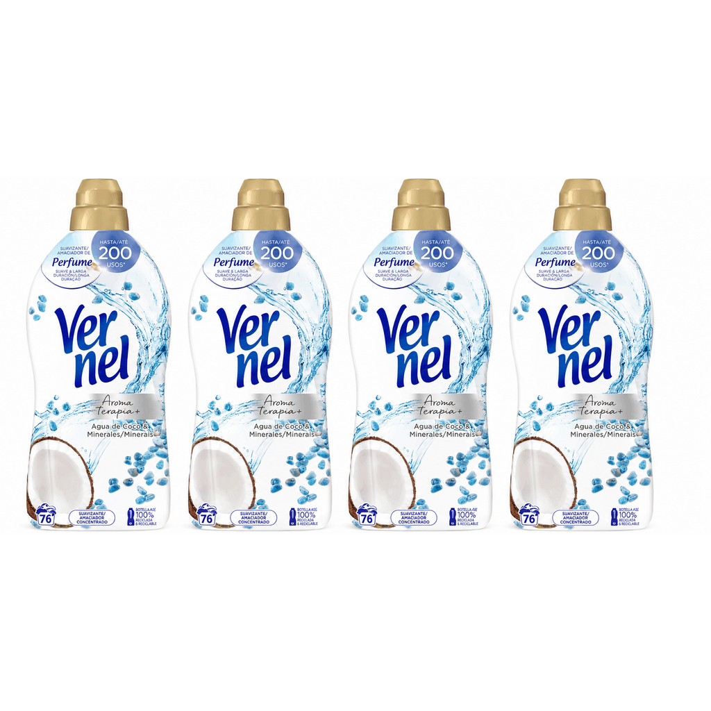 Paquete de 4 suavizantes de tela Vernel de aromaterapia para 4*60 lavados (Maldivas-Delicado, Lirio Irresistible, Té Blanco/Té) - Paquete de 4 suavizantes de tela Vernel de aromaterapia Cielo Azul para 4*55 lavados - Paquete de 4 suavizantes de tela Verne