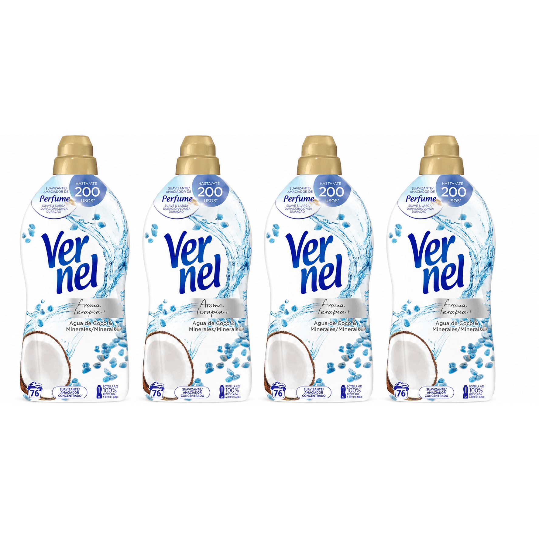 Paquete de 4 suavizantes de tela Vernel de aromaterapia para 4*60 lavados (Maldivas-Delicado, Lirio Irresistible, Té Blanco/Té) - Paquete de 4 suavizantes de tela Vernel de aromaterapia Cielo Azul para 4*55 lavados - Paquete de 4 suavizantes de tela Verne