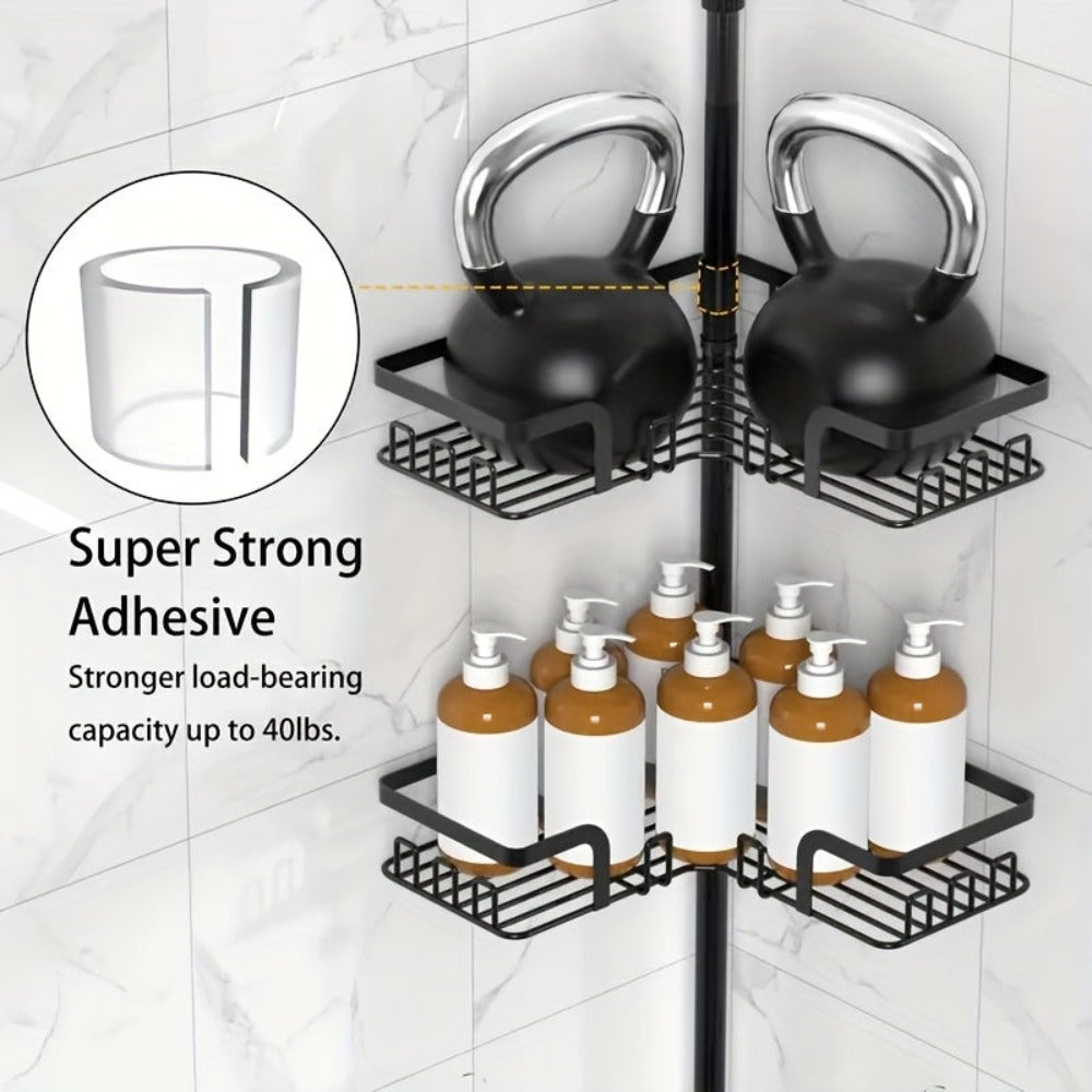 Estante de esquina para baño de 4 niveles a prueba de óxido, caja de almacenamiento para bañera para accesorios de champú, de pie ajustable, estante de almacenamiento para baño a prueba de óxido con barra de tensión, adecuado para artículos esenciales de