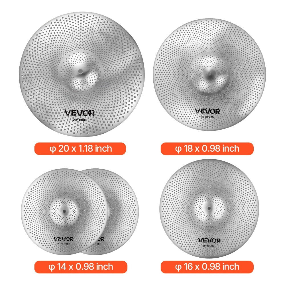 VEVOR Paquete de platillos de bajo volumen, 4 piezas de 14, 16, 18 y 20 pulgadas para batería