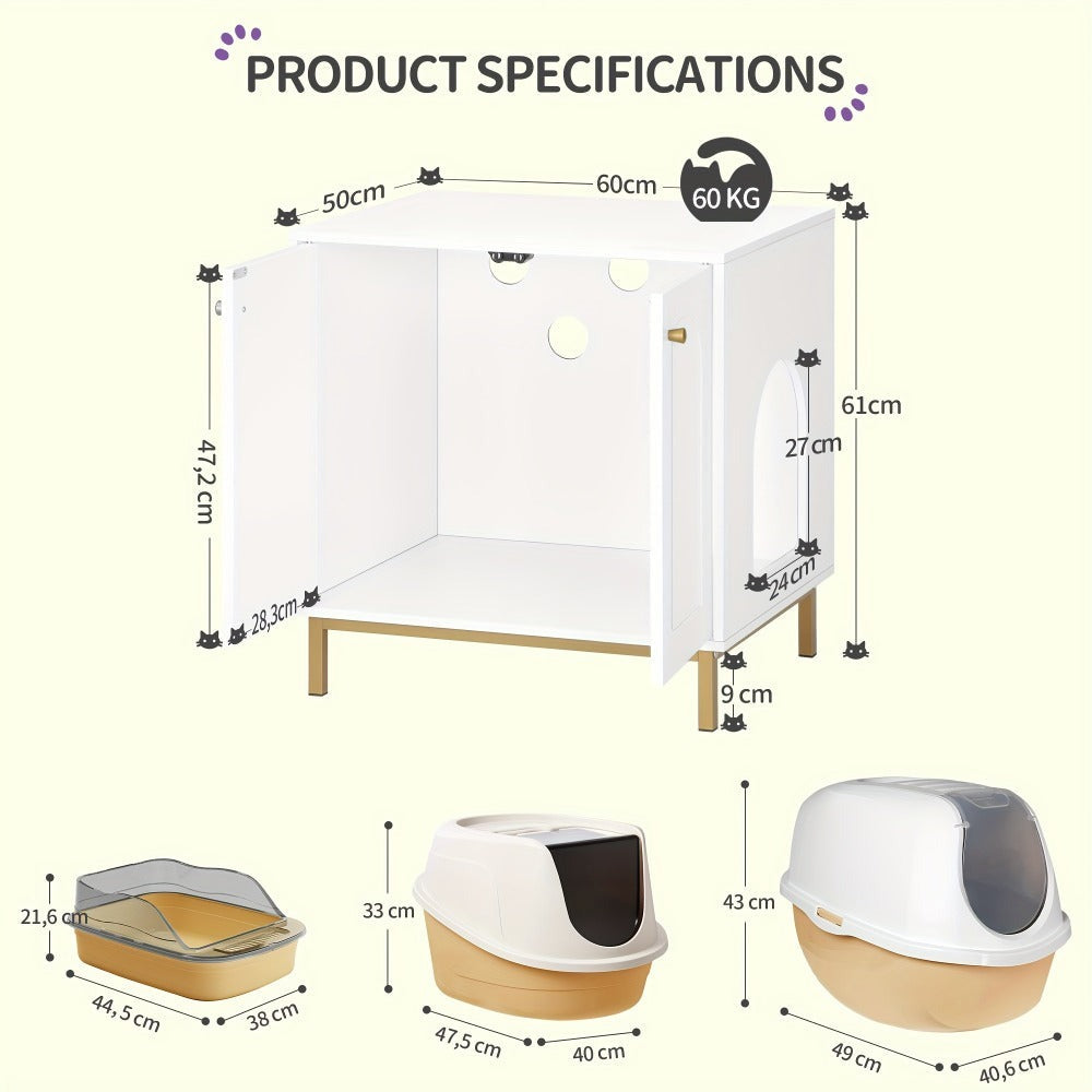 Gabinete para Gatos, Caja de Arena para Gatos, Casa para Gato con Puerta, Mesa Auxiliar de Madera para la Casa del Mascota, 50 X 60 X 61cm, Gabinete Estable para Gatos, Blanco y Dorado