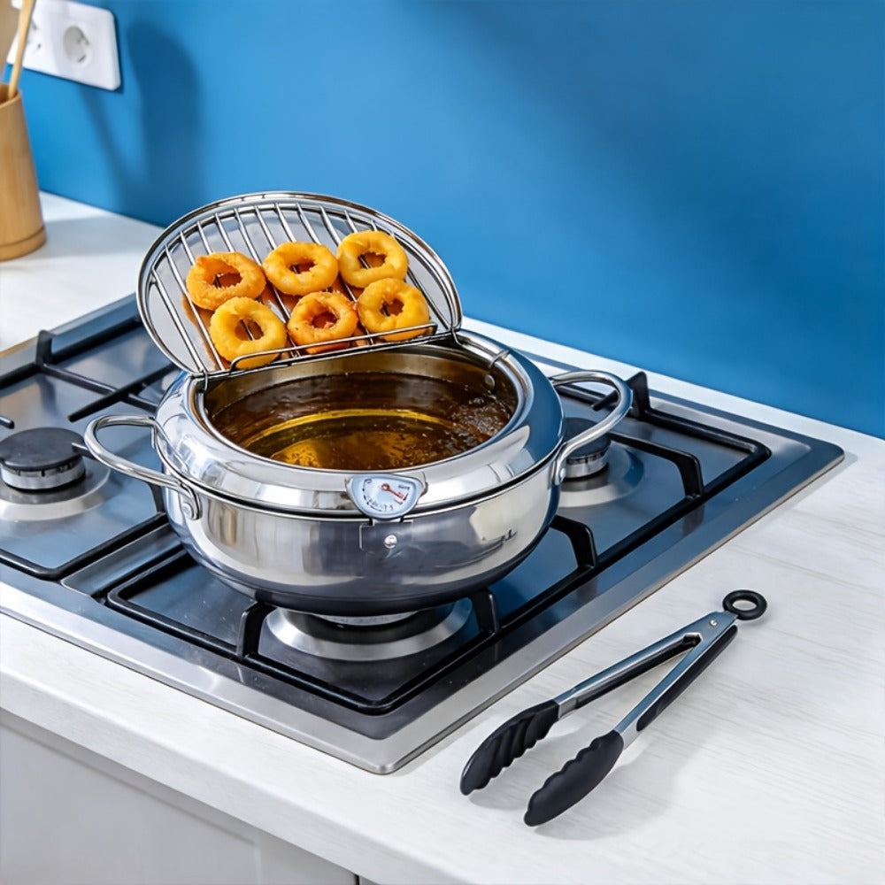 Olla freidora de acero inoxidable con tapa, sartén para freír profunda que ahorra aceite con termómetro, utilizada para freír papas fritas, alitas de pollo y camarones, compatible con estufas de gas y placas de inducción, utensilios de cocina | Suministro