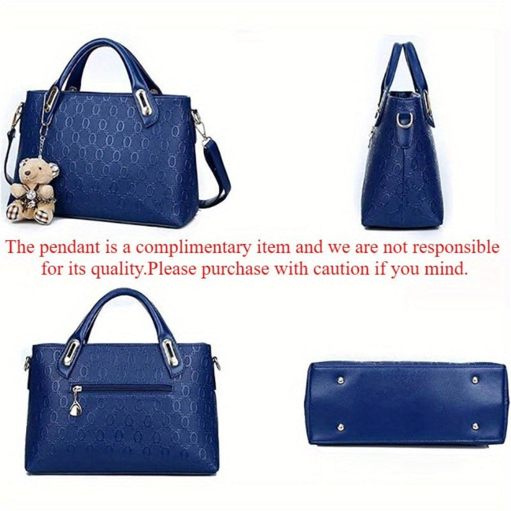 Juego de 4 piezas de bolso para mujer de moda retro con relieve, bolso tote simple de gran capacidad, bolso cruzado casual y versátil de un solo hombro, un colgante de oso al azar, bolso de mano portátil, monedero, adecuado para desplazamientos diarios, v