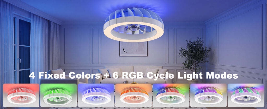 Ventilador de techo Ateroll con iluminación, diámetro 46 cm, ventilador de techo RGB con luz y control remoto, 6 niveles de viento, 3000 K - 6500 K, LED regulable, temporizador silencioso, luz de techo con ventilador para dormitorio, sala de estar