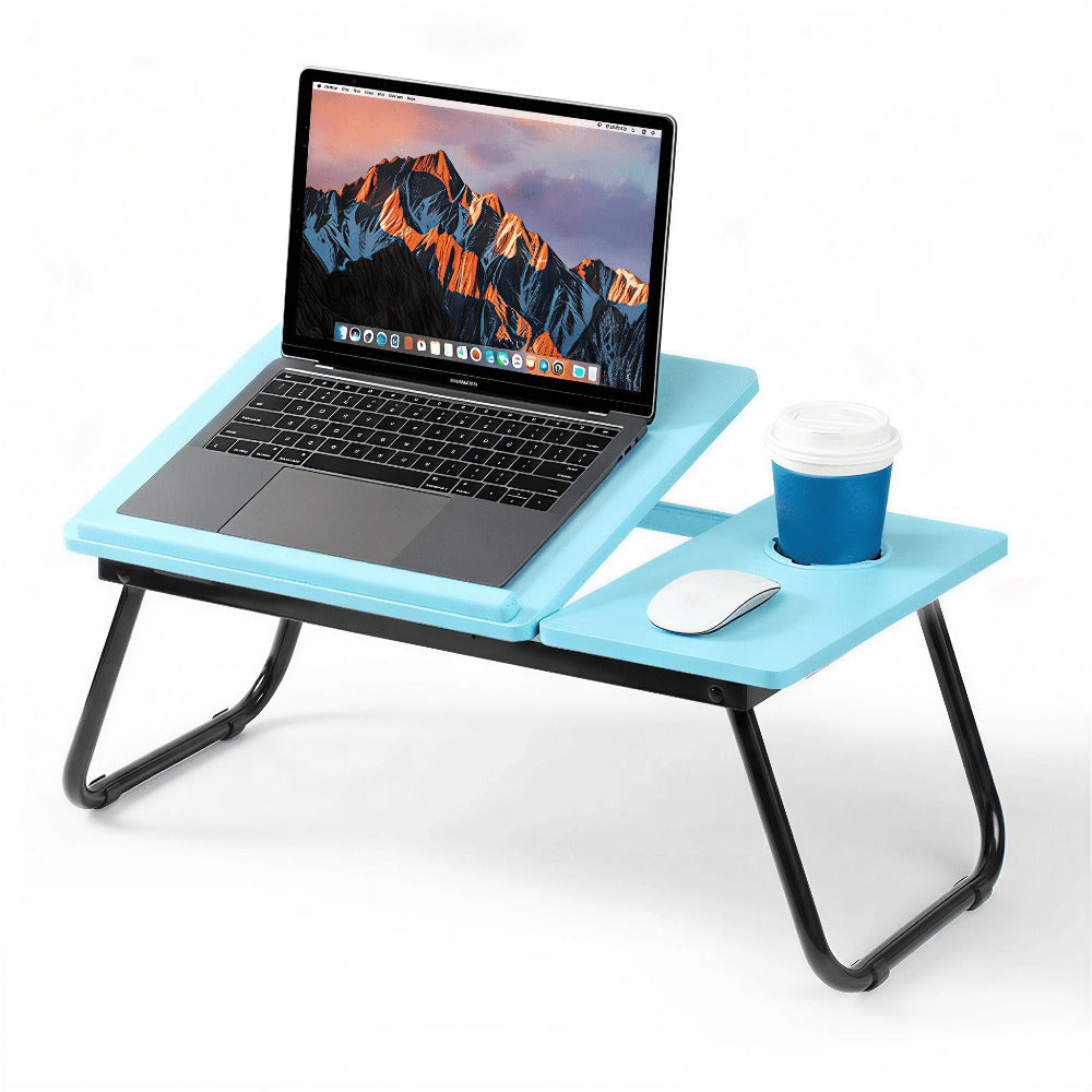 Mesa plegable para cama y sofá con altura ajustable de 5 niveles, bandeja con superficie ajustable y portavasos, mesa pequeña multifunción para ordenador, libros, trabajo y estudio en casa (56x32x25cm)
