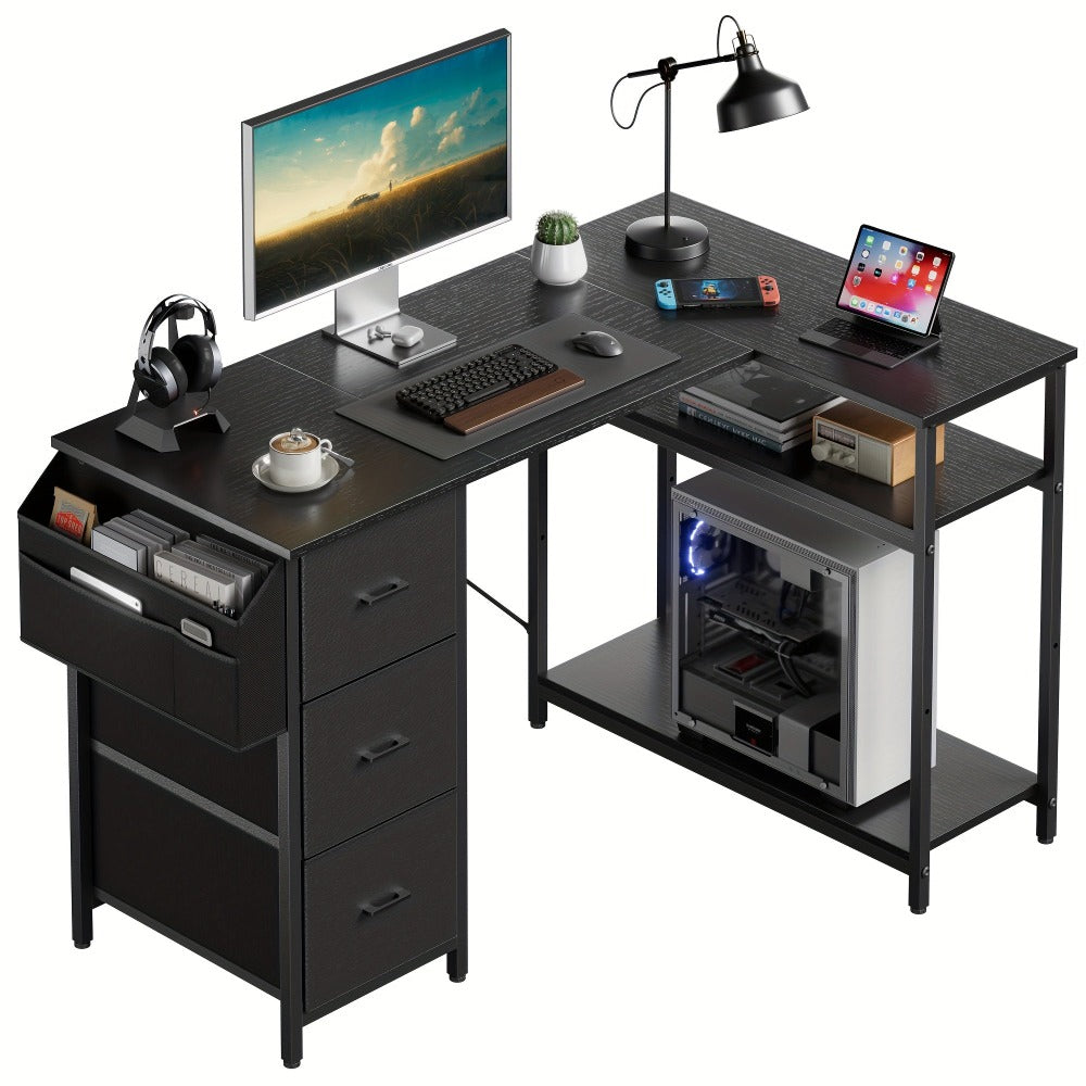 Escritorio Gaming en Forma de L con 3 Cajones de Tela para Almacenamiento, Escritorio de Oficina en Casa Ahorrador de Espacio con Soporte para CPU, Fácil de Montar, Estación de Trabajo y Juegos, Estructura de Madera Resistente, Dormitorio, Adultos
