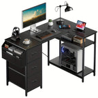 Escritorio Gaming en Forma de L con 3 Cajones de Tela para Almacenamiento, Escritorio de Oficina en Casa Ahorrador de Espacio con Soporte para CPU, Fácil de Montar, Estación de Trabajo y Juegos, Estructura de Madera Resistente, Dormitorio, Adultos