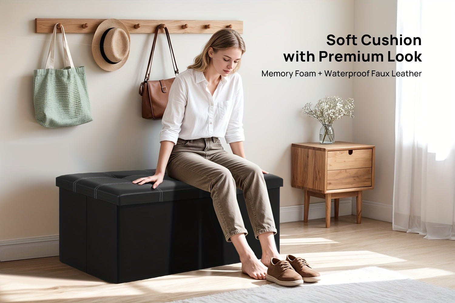 Taburete Plegable de Cuero con Doble Costura, Material de Cuero Fácil de Almacenar, Gran Capacidad de Carga Ideal para Sentarse, Taburete para Cambiar Zapatos en el Sofá, Banco de Almacenamiento, Banco Largo, Caja Taburete