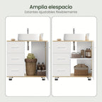 1pc Armario de Medicina, Tocador con 3 Cajones, Gabinete con 2 Compartimentos, Armario para Baño con Estante Ajustable, 60 x 60 x 30 cm, Blanco + Gris/Blanco/Blanco + Roble