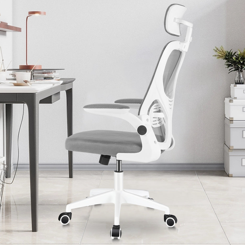 Silla de Oficina con Función de Inclinación de 105°, Silla de Oficina Ergonómica con Soporte Lumbar, Reposacabezas y Reposabrazos Ajustable, Silla Giratoria, Silla de Oficina de Altura Ajustable 120Kg, Blanca