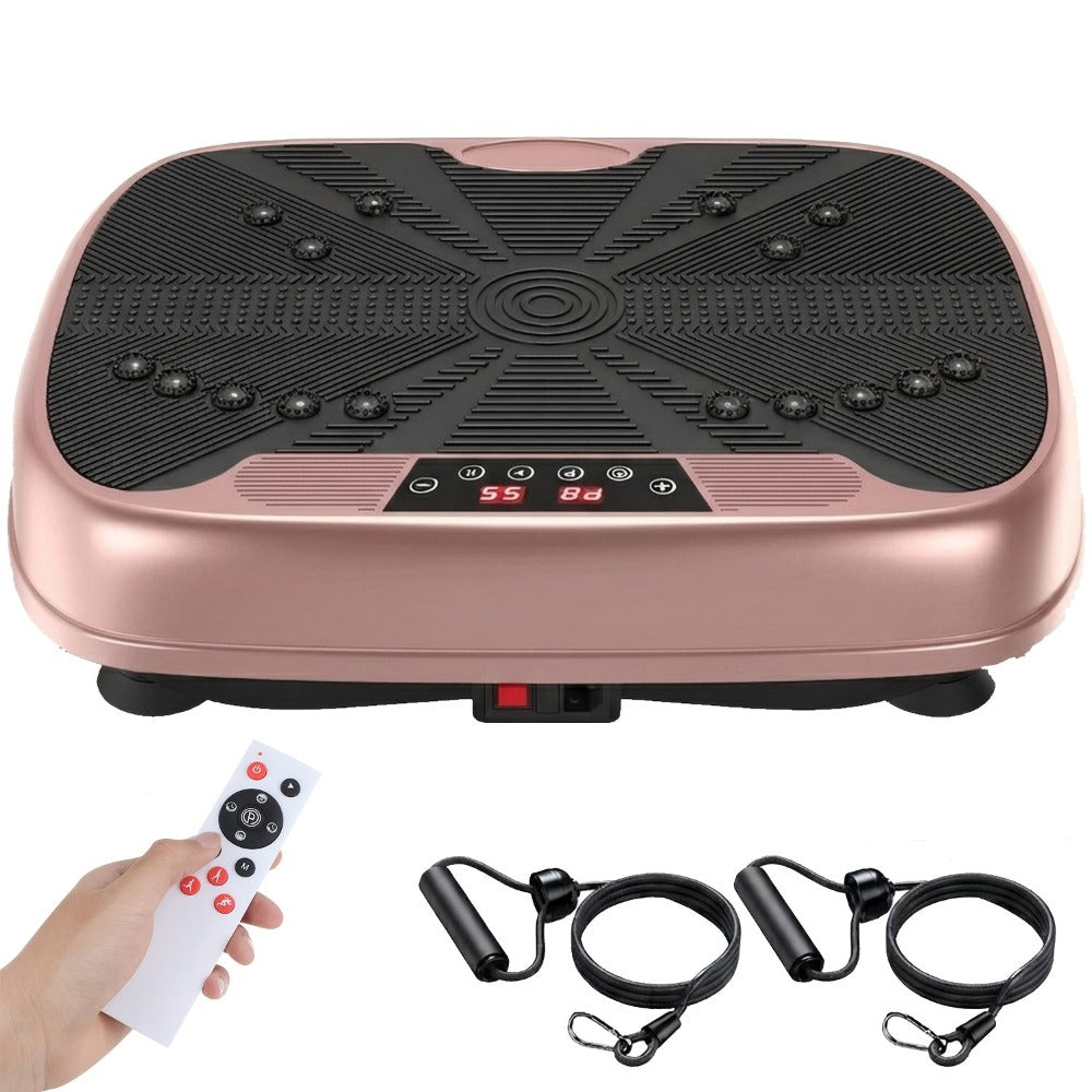 Placa vibratoria inteligente con masaje electromagnético | 99 niveles de velocidad | Almohadilla de acupresión para pies | Control remoto y banda de resistencia incluidos | Quemador silencioso de cuerpo completo para fitness en casa, recuperación muscular