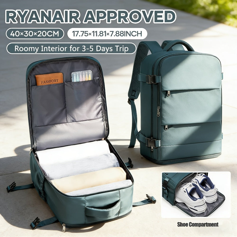 Mochila de Viaje Aprobada por Ryanair, 40X30X20Cm, Bolso de Mano para Aerolíneas, Mochila para Laptop de Gran Capacidad con Compartimento para Zapatos, Bolso de Fin de Semana de Negocios, Mochila Aprobada para Bajo el Asiento en el Avión