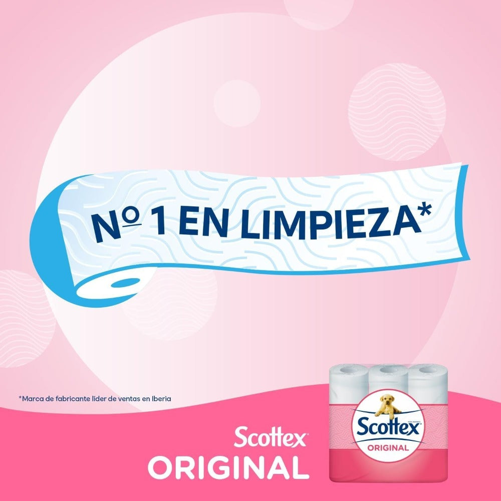 Scottex Original Papel Higiénico, 96 Rollos, 16 Rollos por Paquete, Doble Capa para Máxima Suavidad y Equilibrio