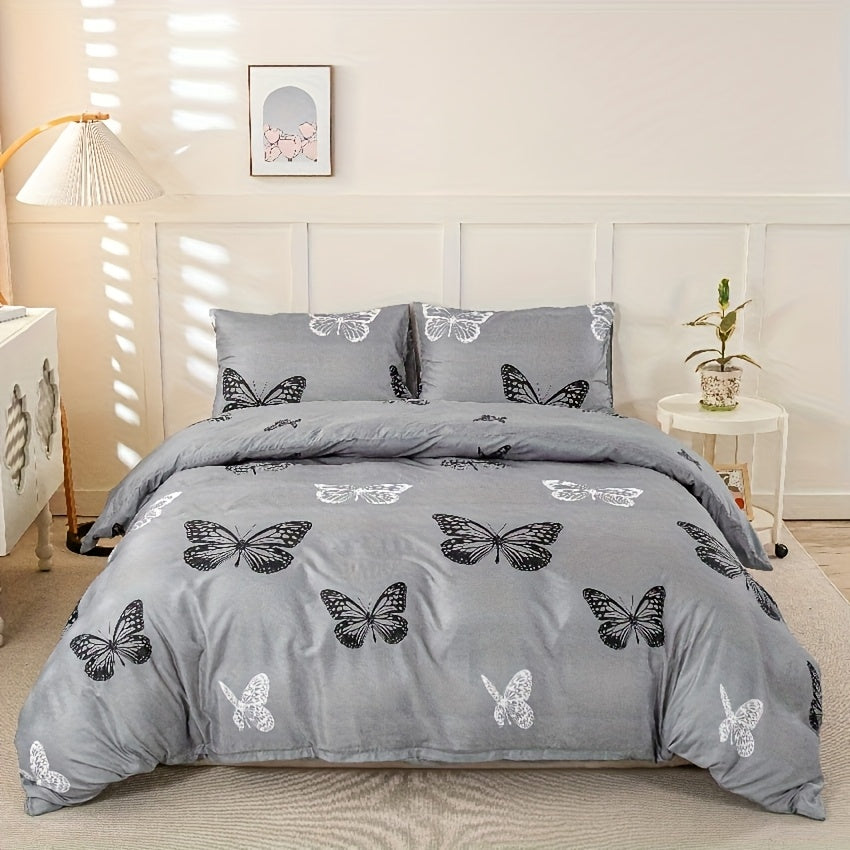 Juego de funda nórdica con estampado de mariposas en blanco y negro con fondo gris, 3 piezas