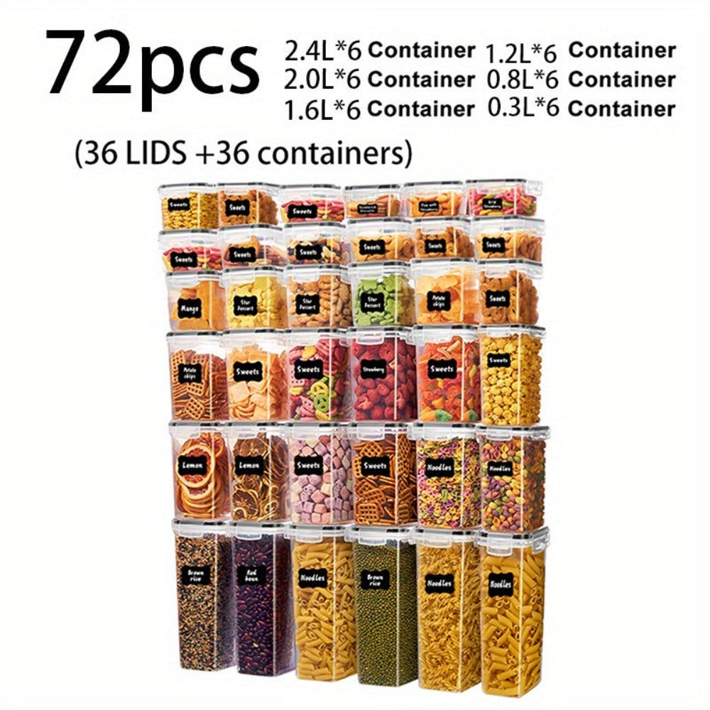72 Contenedores Grandes Sellados para Alimentos con TAPAS, Contenedores de Plástico para Almacenar Granos, para Organizar y Almacenar Azúcar, Harina y Suministros para Hornear en Cocinas y Despensas, con Etiquetas y Marcas