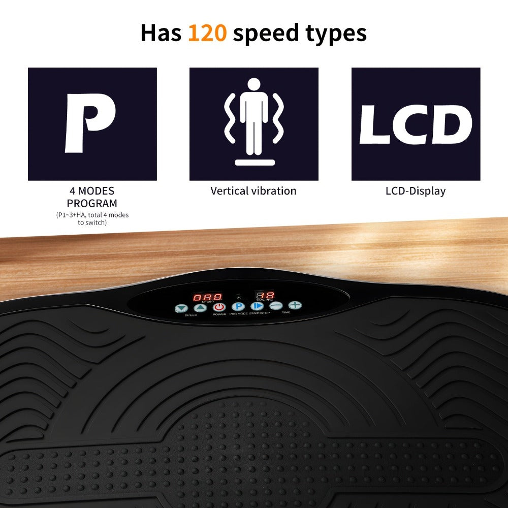 Placa vibratoria inteligente, ajuste de 120 velocidades, motor de 200W, 1 modo manual y 3 modos automáticos, botones de acceso rápido LCD, control remoto + altavoz de música, bandas de resistencia + esterilla de yoga, plataforma de fitness para el hogar p