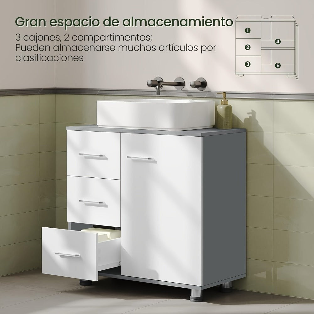 1pc Armario de Medicina, Tocador con 3 Cajones, Gabinete con 2 Compartimentos, Armario para Baño con Estante Ajustable, 60 x 60 x 30 cm, Blanco + Gris/Blanco/Blanco + Roble