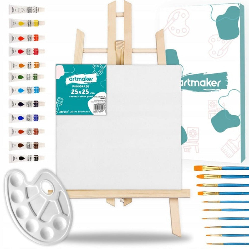 Set Completo de Pintura Artmaker para Niños con Caballete de Madera 50 CM, Lienzo de Pintura 25x25 CM, 12 Pinturas Acrílicas de 12 ML, 10 Pinceles y Paleta – Regalo Perfecto para Aprender a Pintar para Niños y Niñas – Kit Artístico Creativo para Desarroll