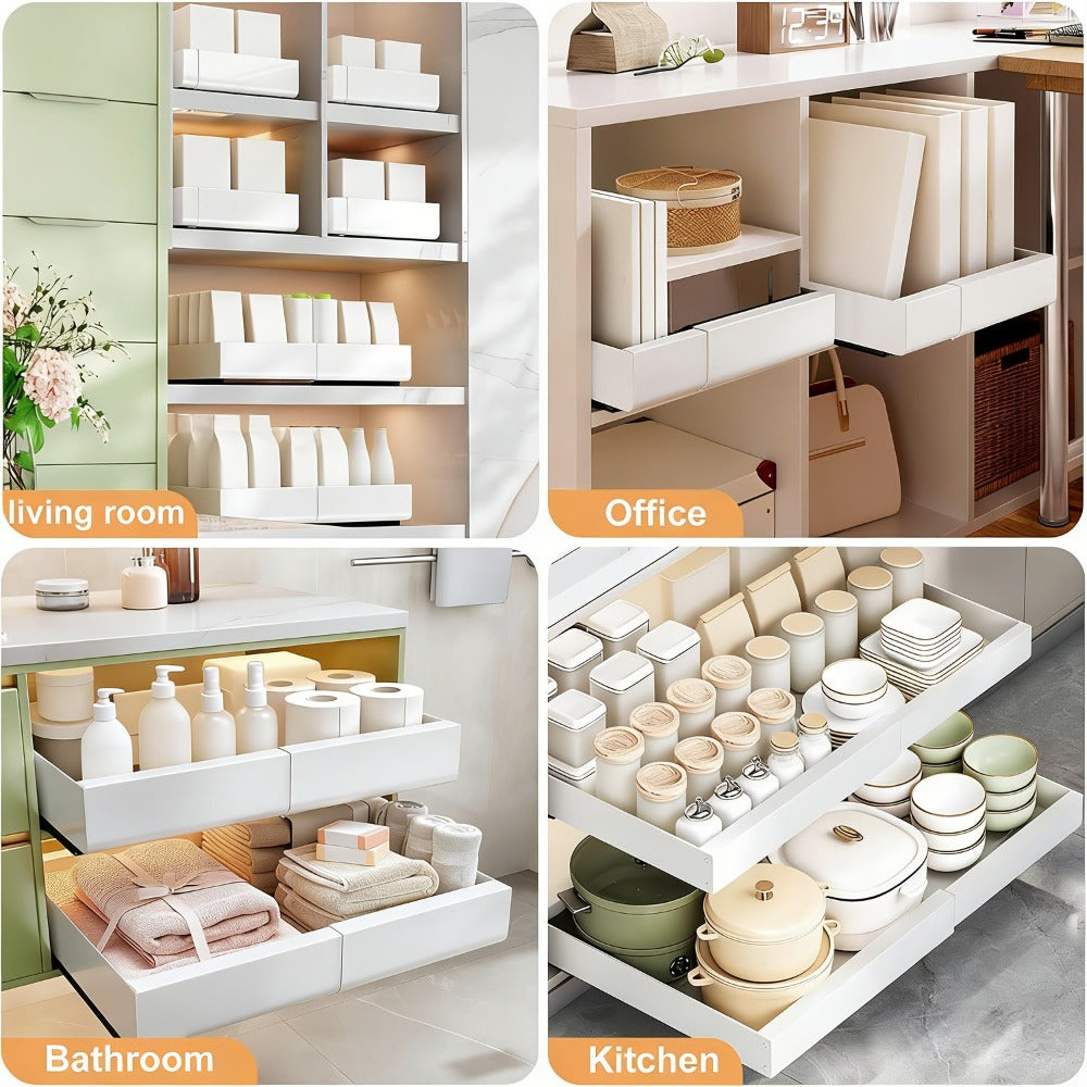 Organizador de Gabinete Extensible con Película Adhesiva, Ancho Ajustable 31cm a 52cm, Cajón Metálico Duradero para Cocina, Despensa y Baño, Mecanismo de Deslizamiento Suave, Fácil Instalación, Oferta Especial Devesanter HOT 2025 - Blanco y